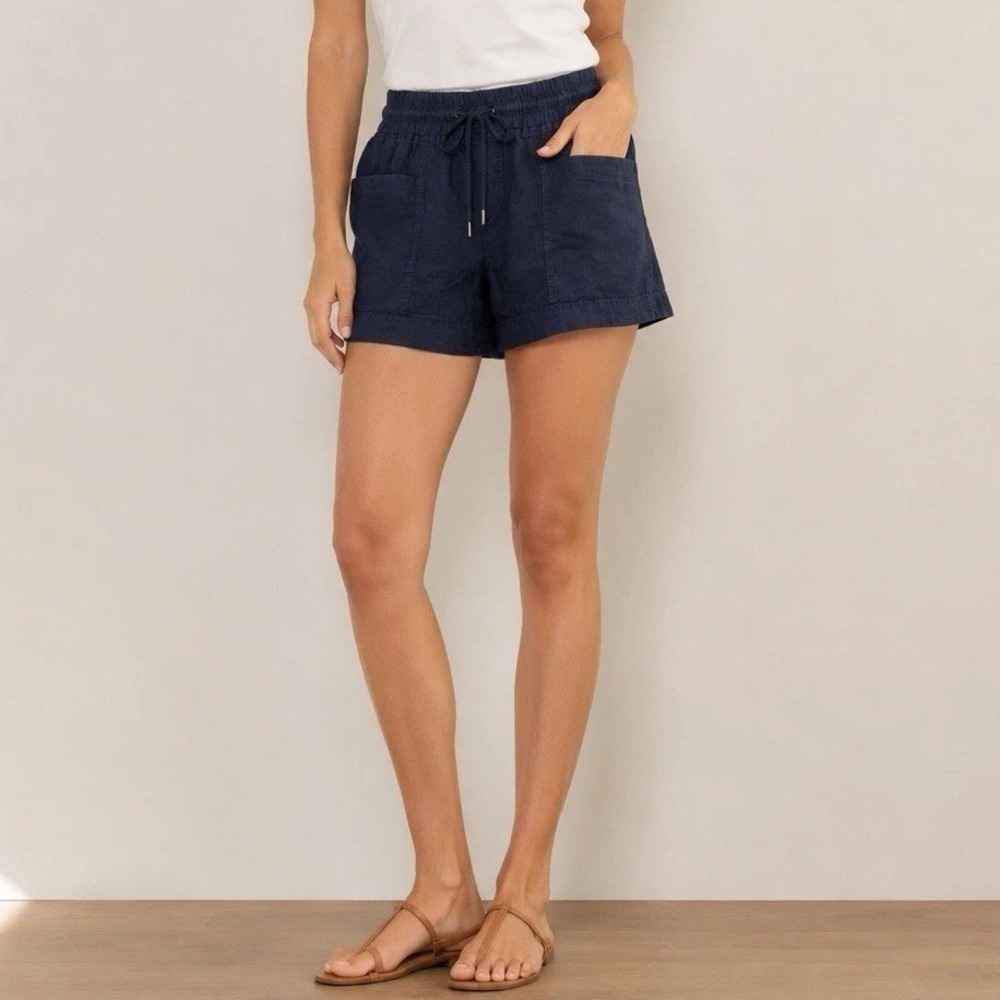 Athleta Cabo Linen Shorts Sz 8 Navy Blue Smocked Drawstring Vacation Summer Airy